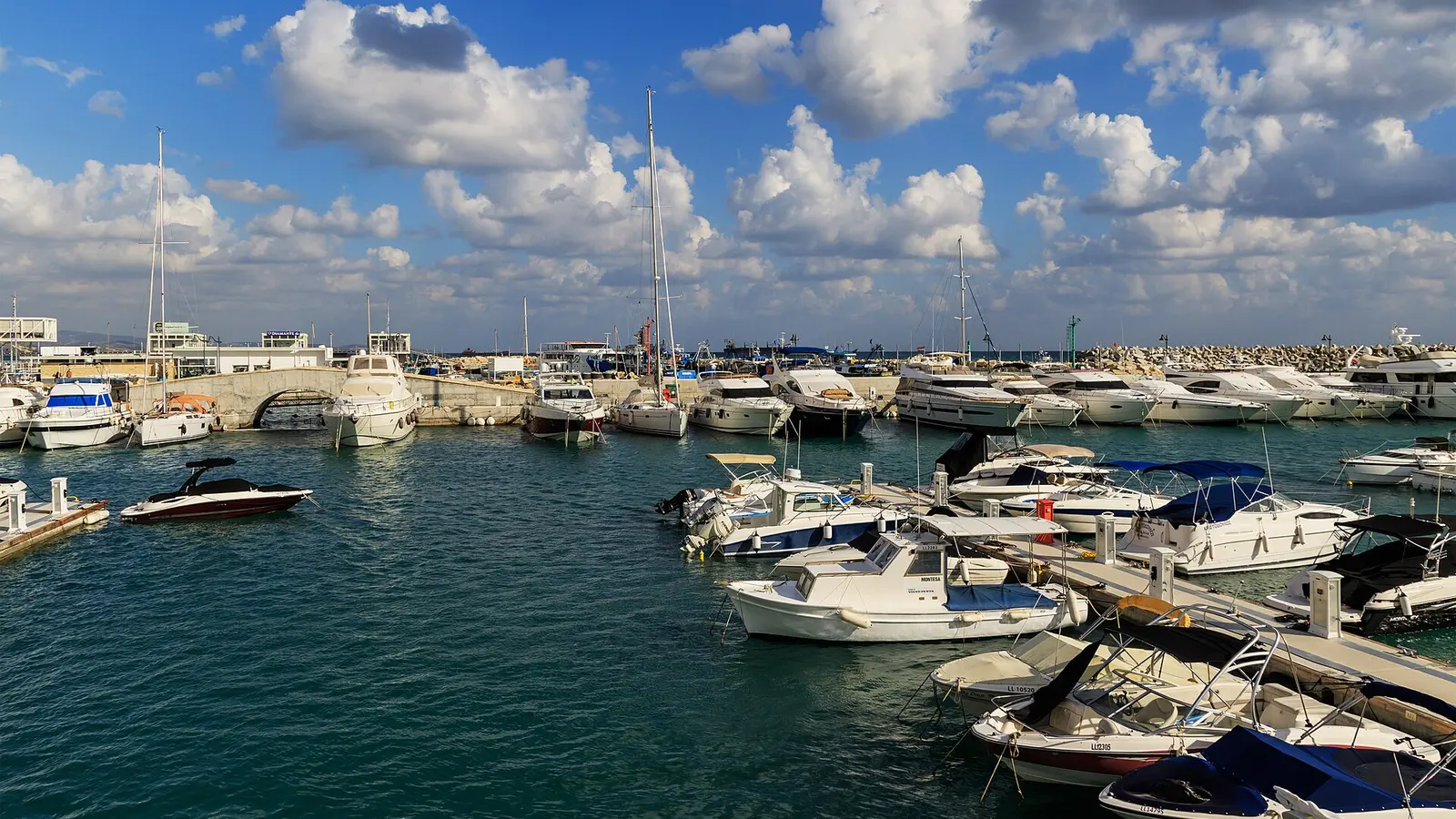 Limassol Marina panorama with yachts and waterfront buildings, Cyprus